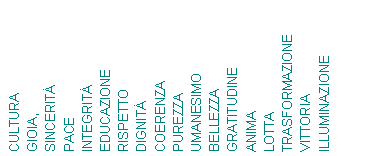 Casella di testo: culturagioia,sinceritpaceintegriteducazionerispettodignitcoerenzapurezzaumanesimobellezzagratitudineanimalottatrasformazionevittoriailluminazione 